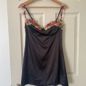 Floral Embroidered Black Slip Dress